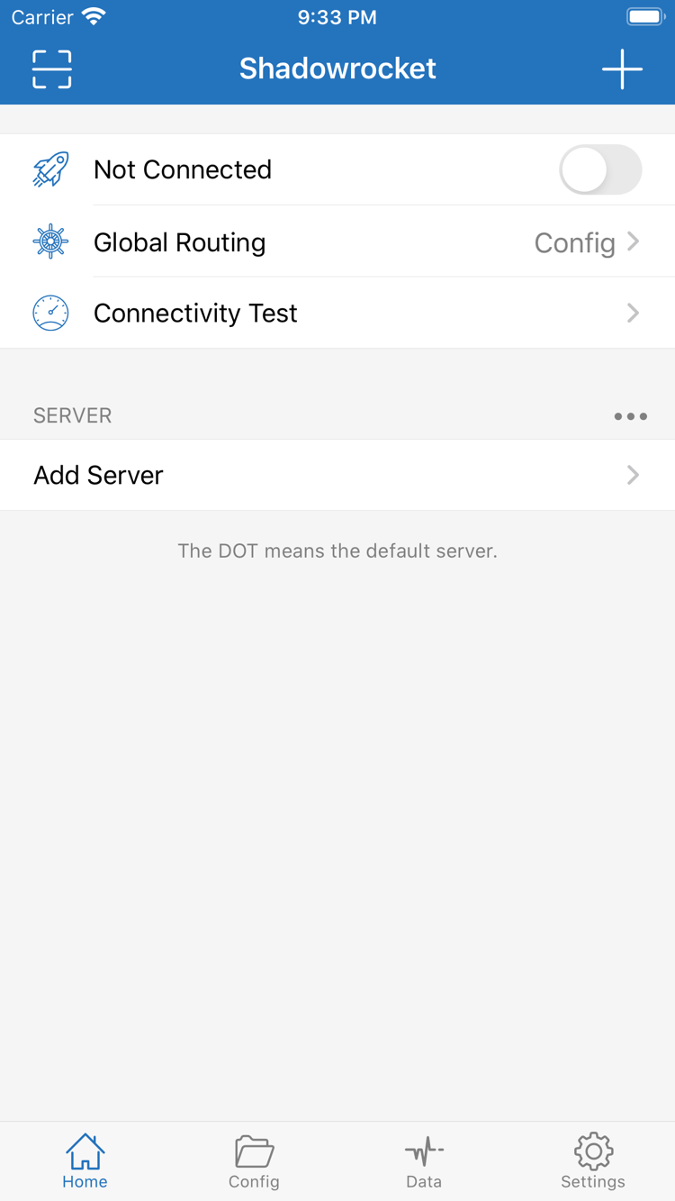 Shadowrocket 官方 Home 截图，显示连接开关、Global Routing 与 Add Server