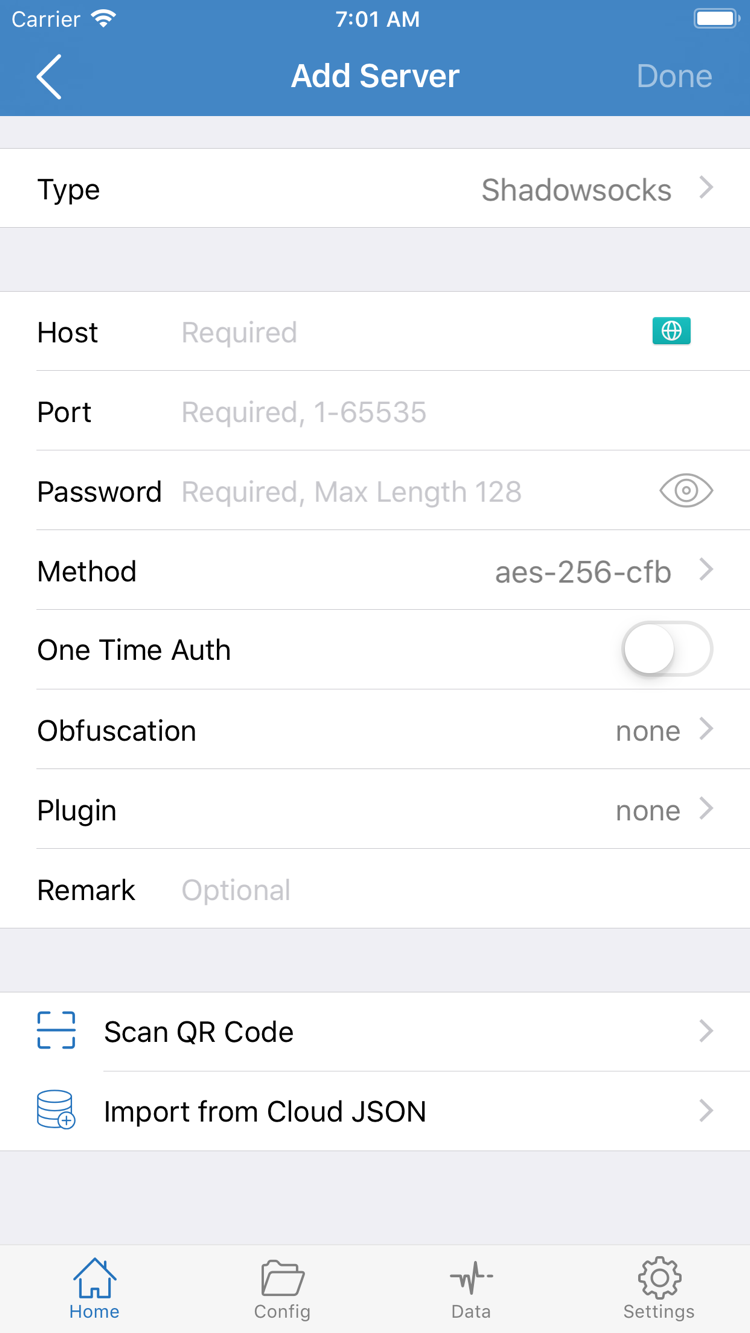 Shadowrocket Add Server 页面，显示 Type、Host、Port、Password、Method 及扫描和导入入口