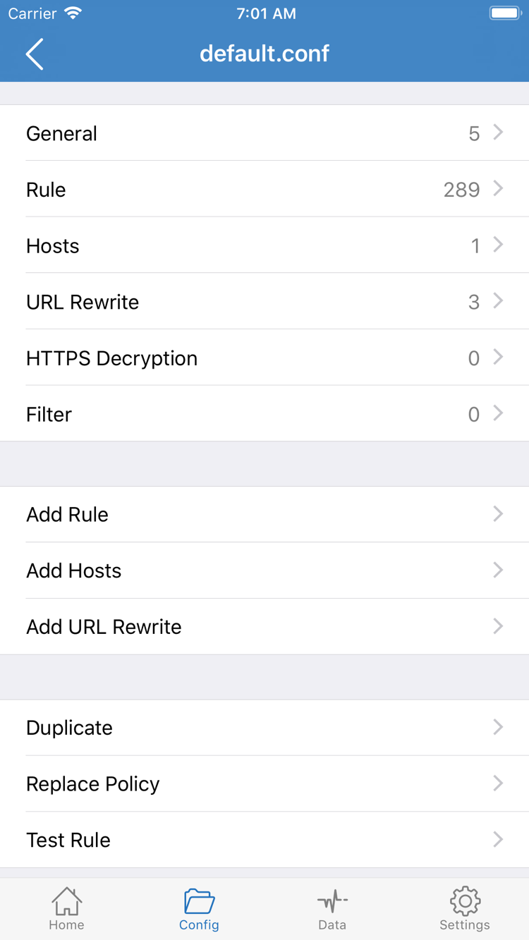 Shadowrocket Config 配置编辑页面，显示 General、Rule、Hosts、URL Rewrite、HTTPS Decryption 与 Add Rule