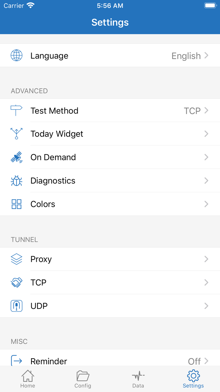 Shadowrocket Settings 页面，显示 Language、Test Method、Today Widget、On Demand、Diagnostics、Proxy、TCP 与 UDP 设置项